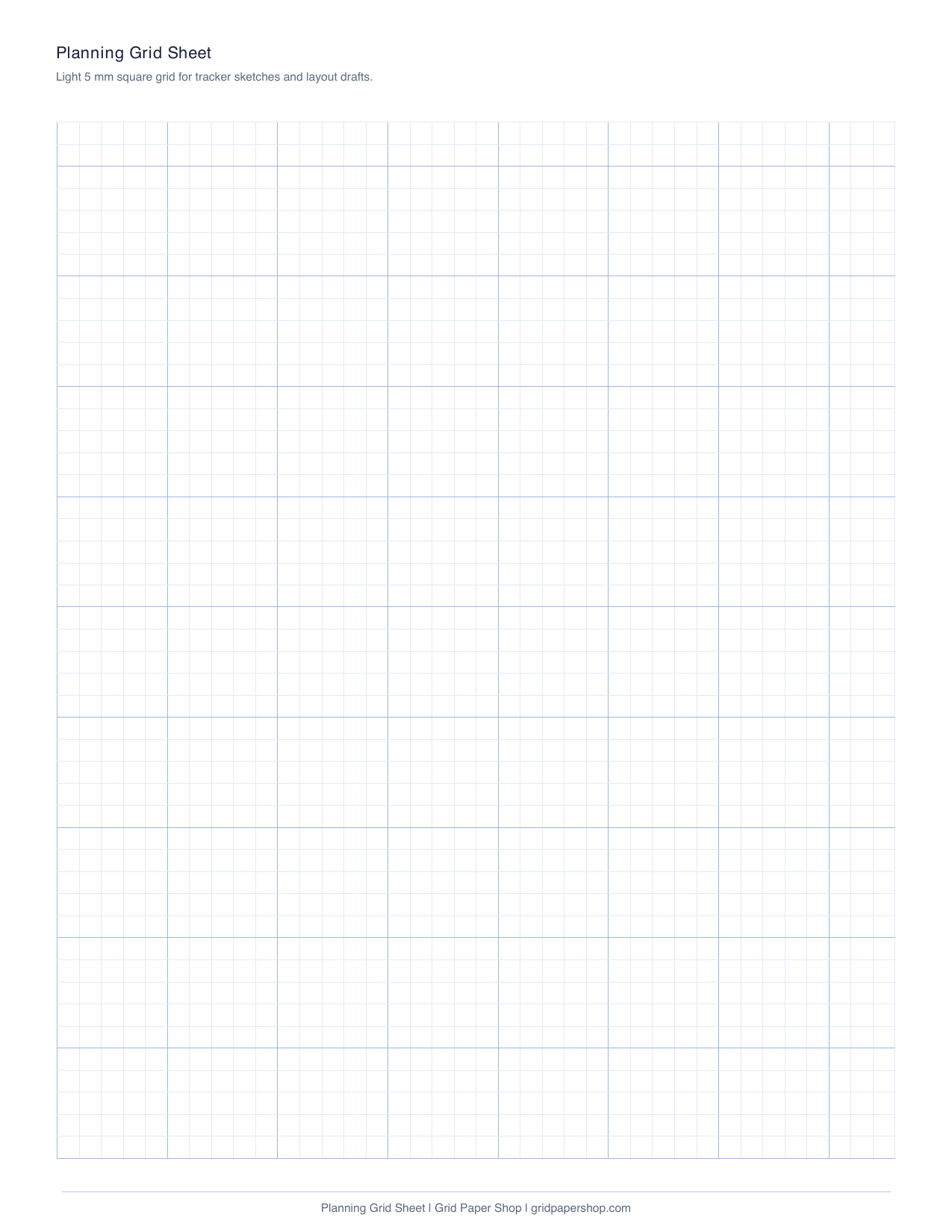 Light planning grid paper page for trackers and layout drafts