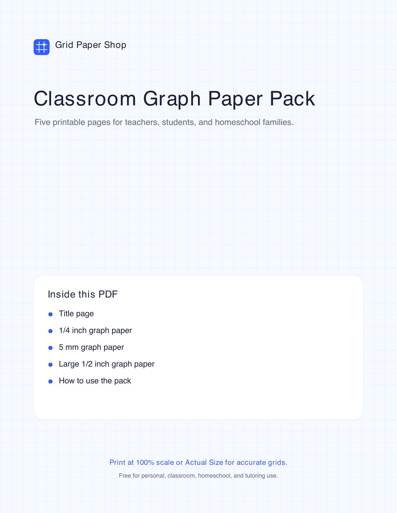 Cover page of the free classroom graph paper pack from Grid Paper Shop