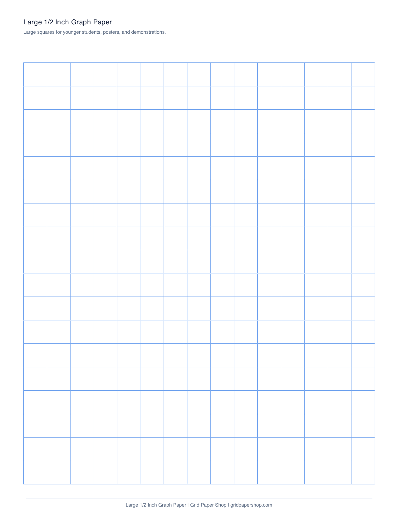 Large 1/2 inch graph paper page with big squares for younger students and posters