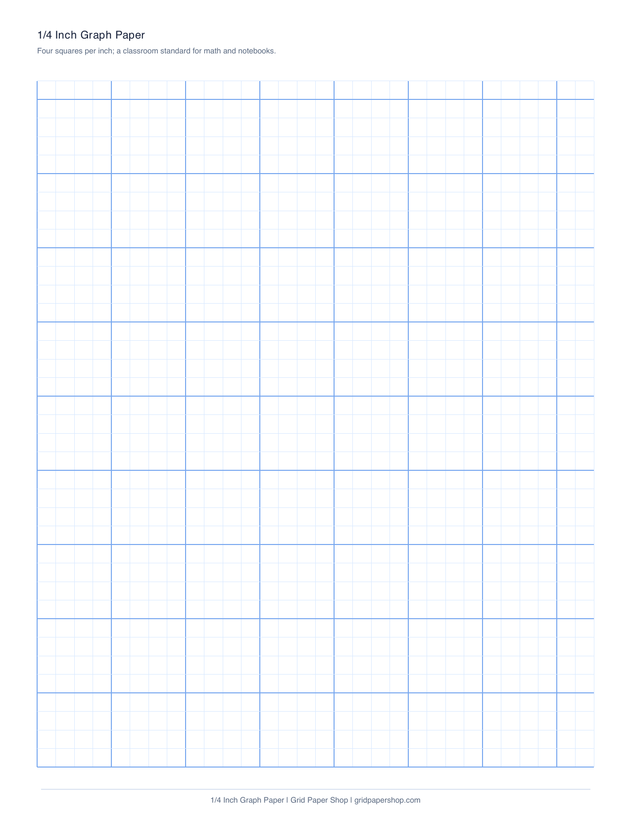 1/4 inch graph paper page — four squares per inch for math and notebooks