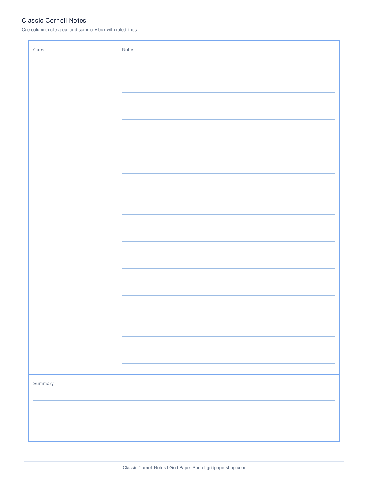 Classic ruled Cornell notes printable page