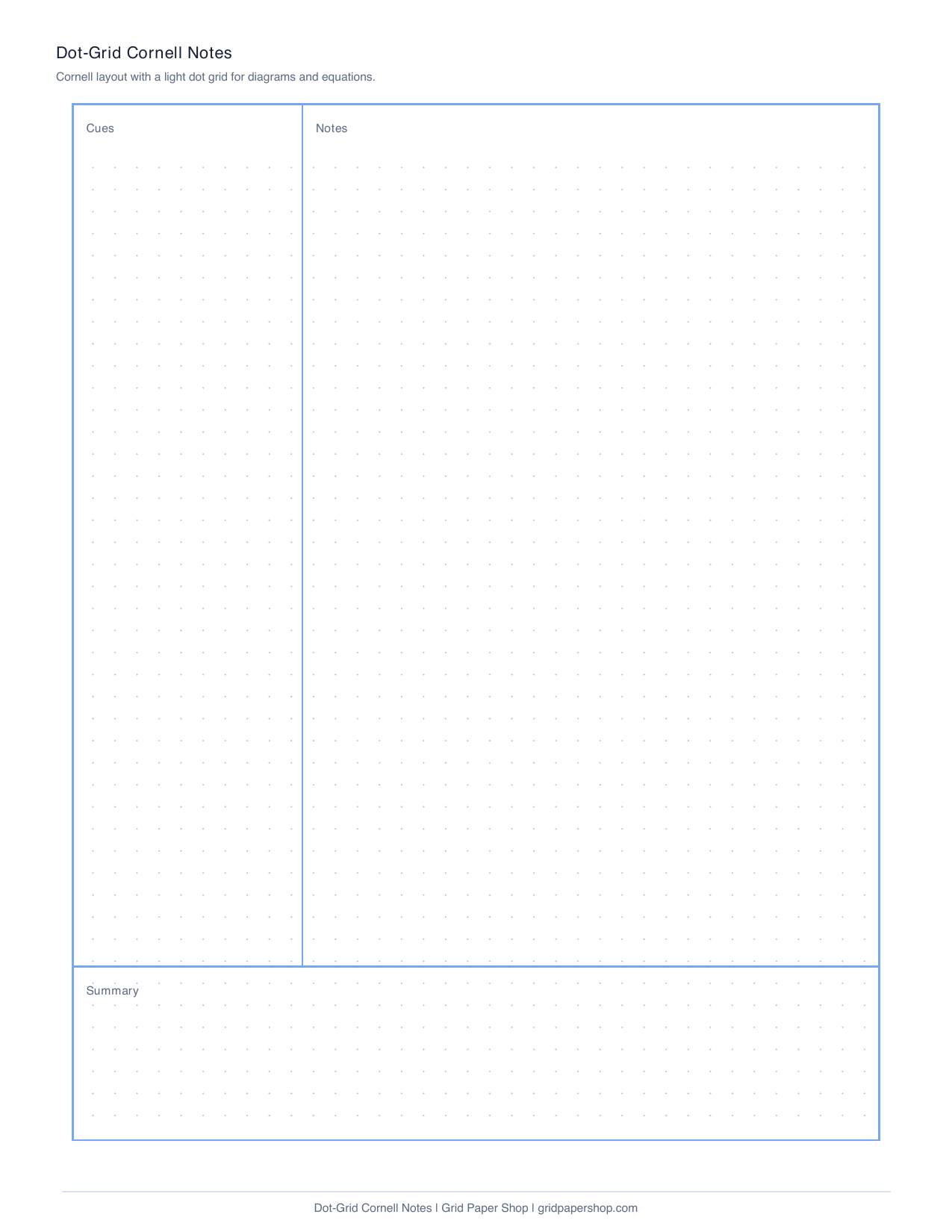 Dot-grid Cornell notes printable page for diagrams and equations