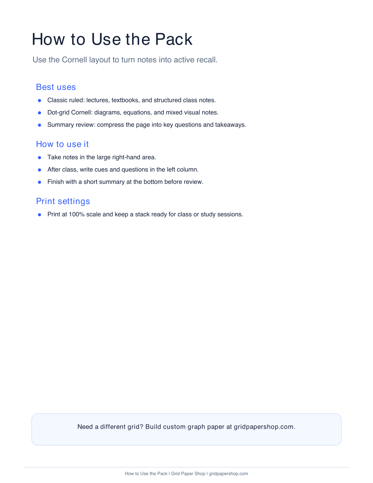 How to use the Cornell notes paper pack page