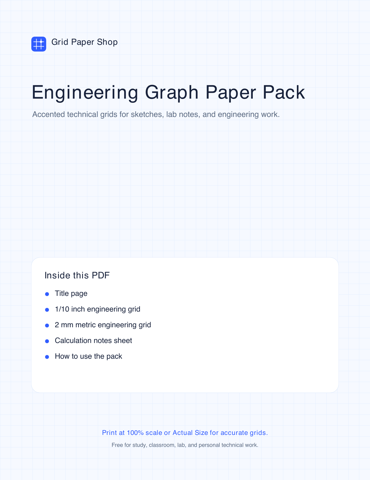 Cover page of the engineering graph paper pack from Grid Paper Shop