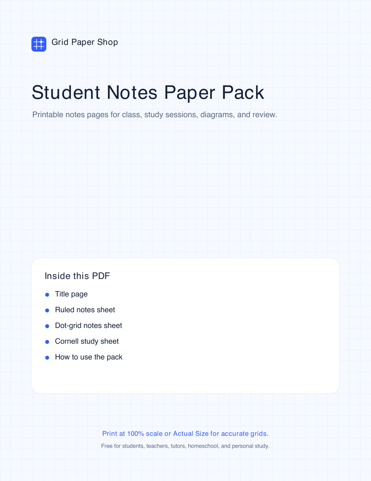Cover page of the student notes paper pack