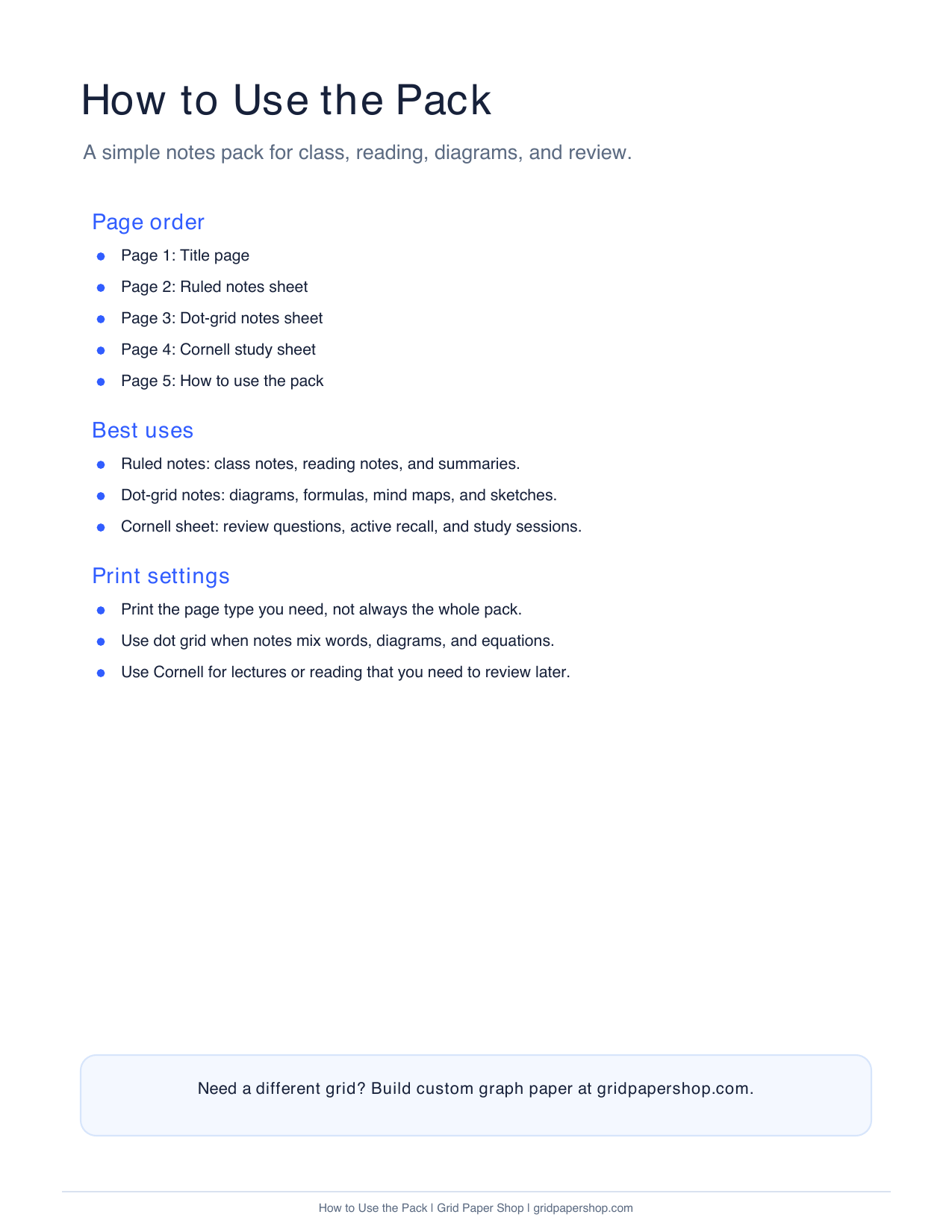 How to use the student notes paper pack page